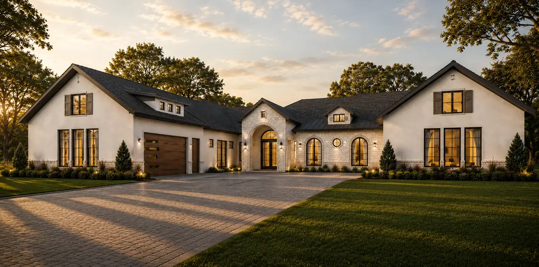 Custom residence front elevation designed by V&Z Design Studio